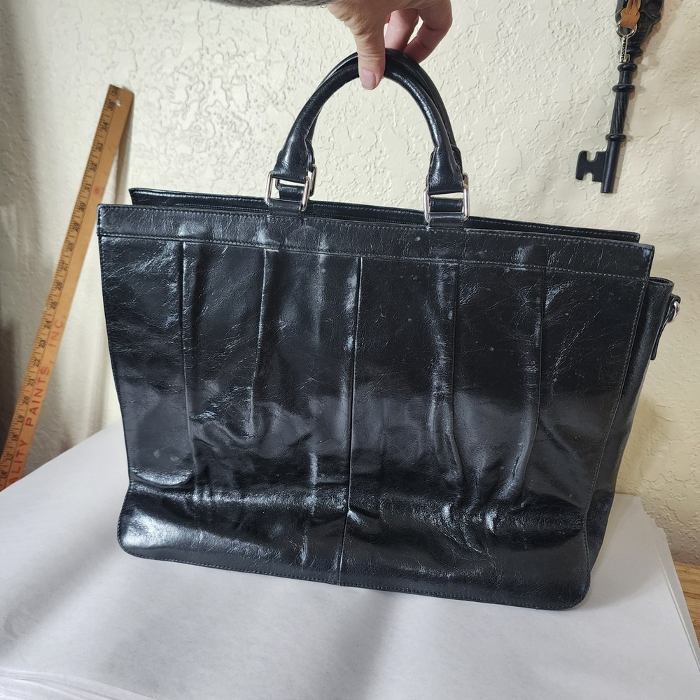 Hobo International Black Leather Laptop Briefcase Bag Pleated Paisley Lining